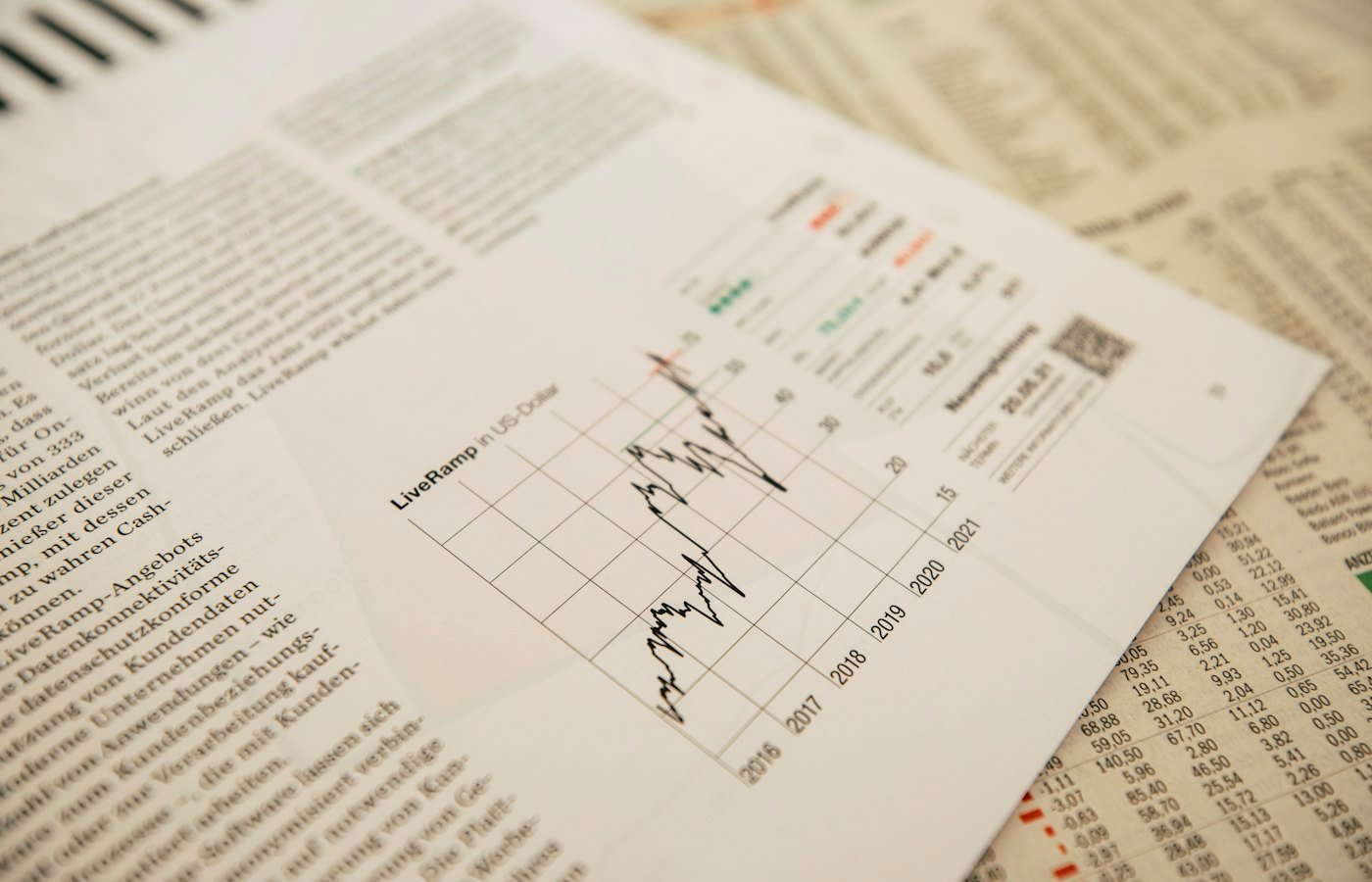 Jornal financeiro com gráfico de ações sobre a mesa